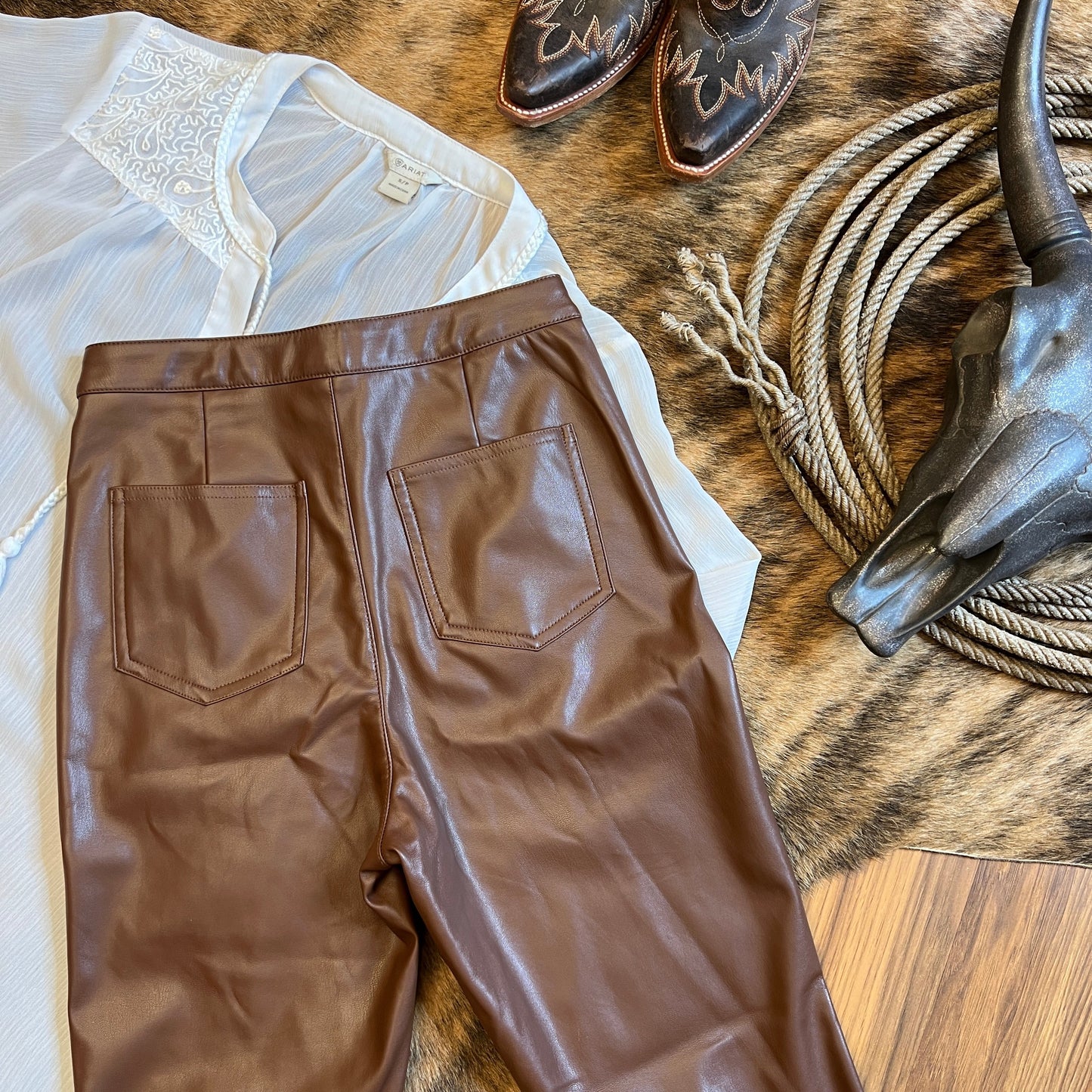 Faux Leather Saddle Brown High Rise Split Hem Leggings Pants (Medium)