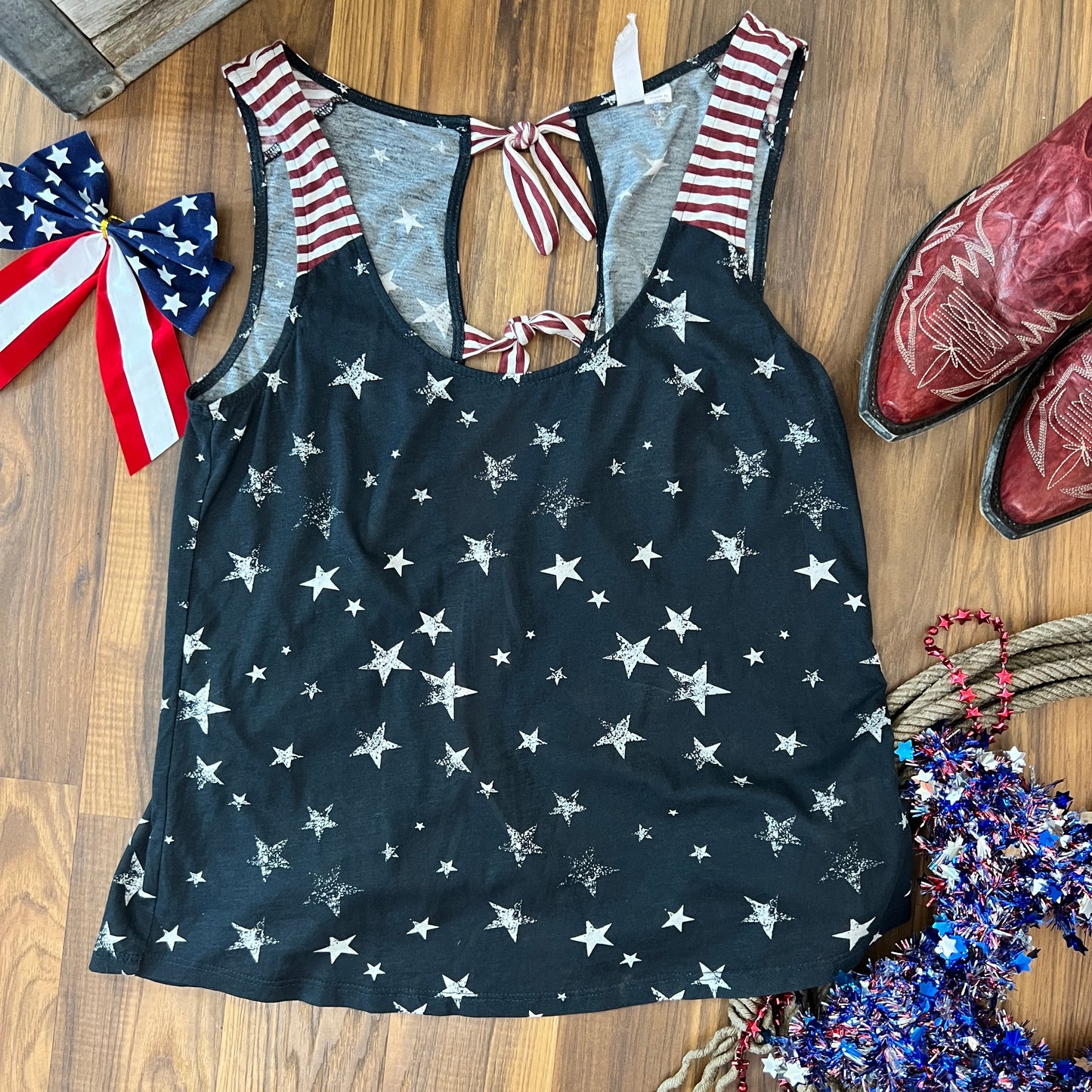 Stars, Stripes & Bows Open Back Tie Women's Tank Top (Small)