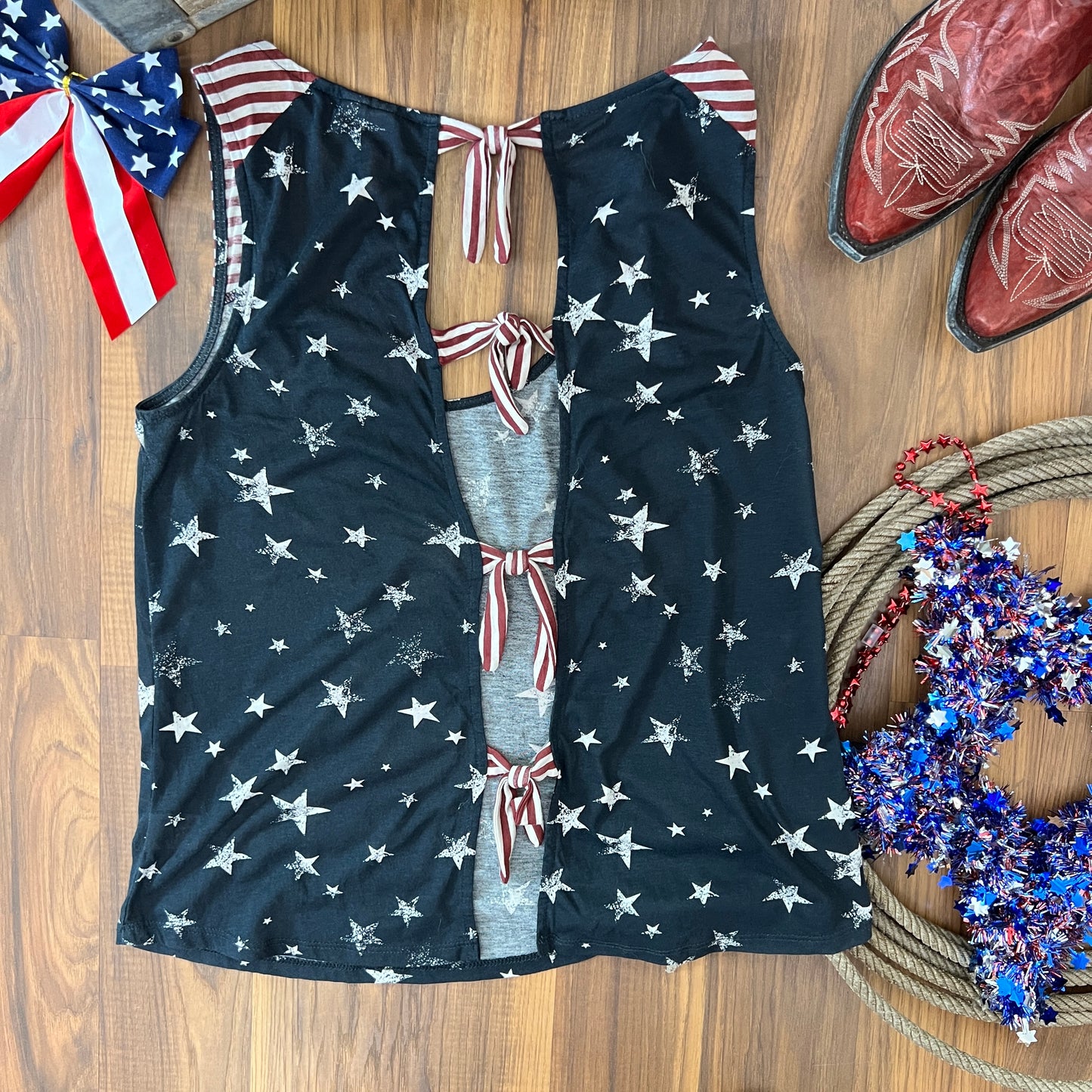 Stars, Stripes & Bows Open Back Tie Women's Tank Top (Small)