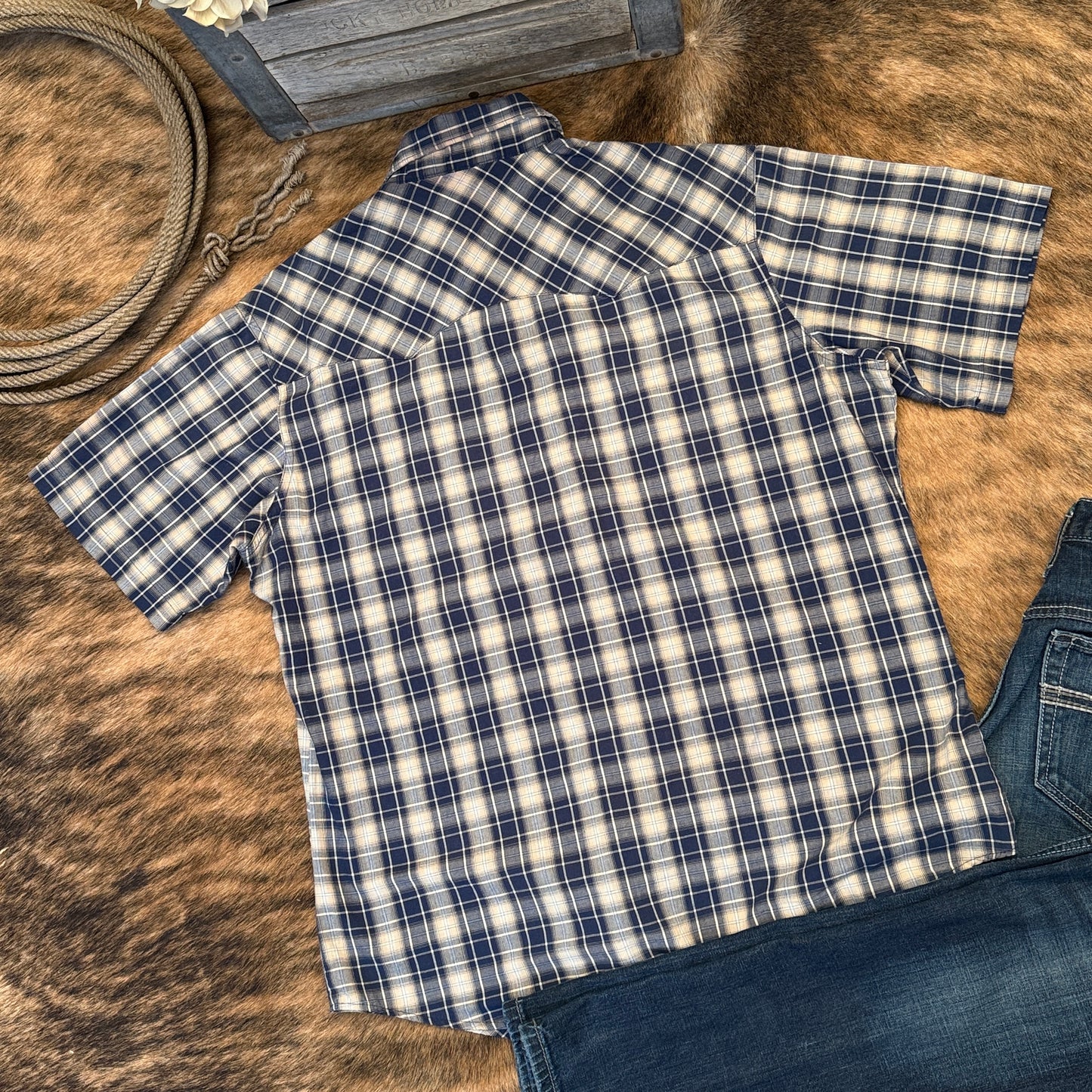 Wrangler Men's Wrancher Plaid Short Sleeve Pearl Snap Plaid Western Shirt (XL)