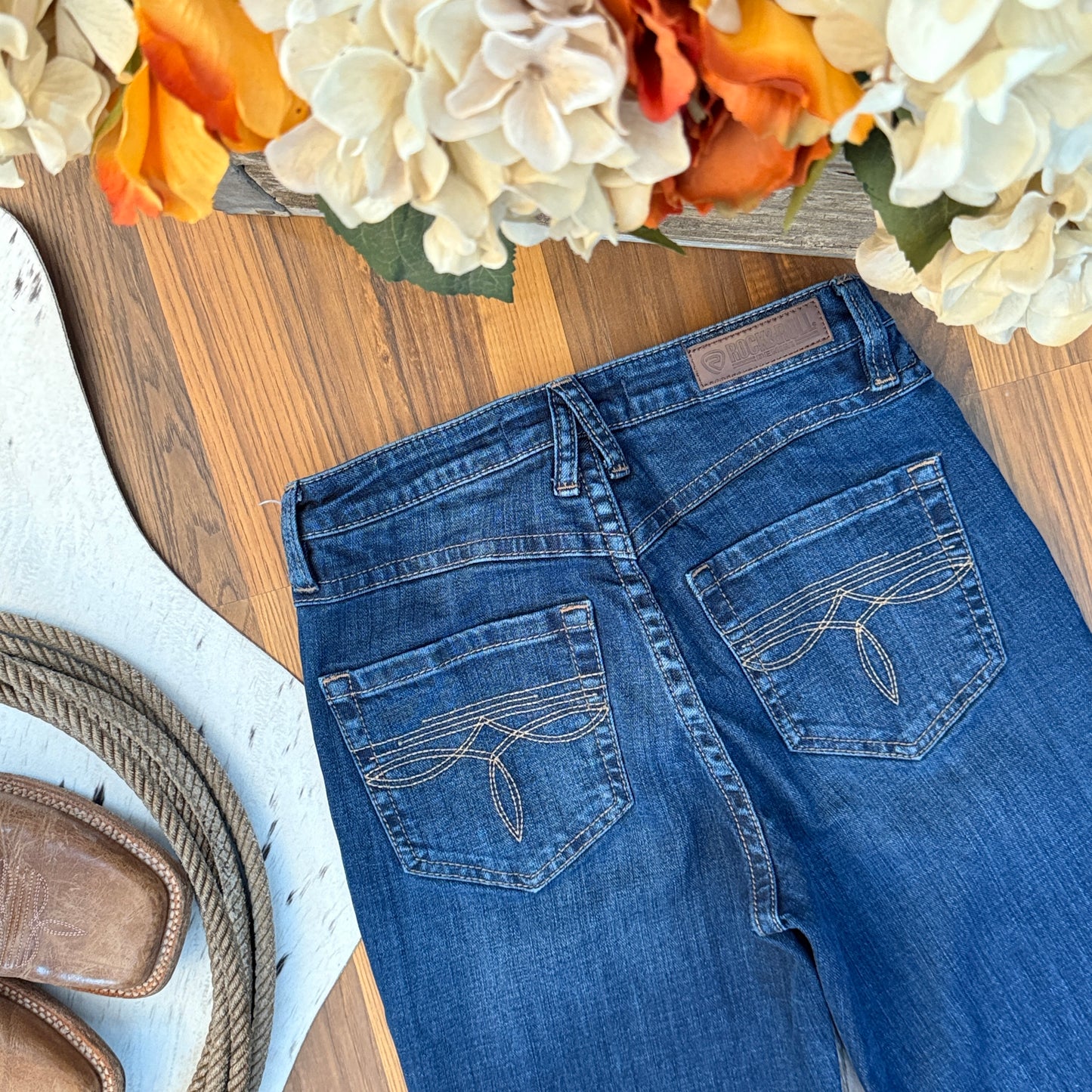Rock & Roll Cowgirl Denim Boot Stitch Pocket High Rise Trouser Jeans (26x34)