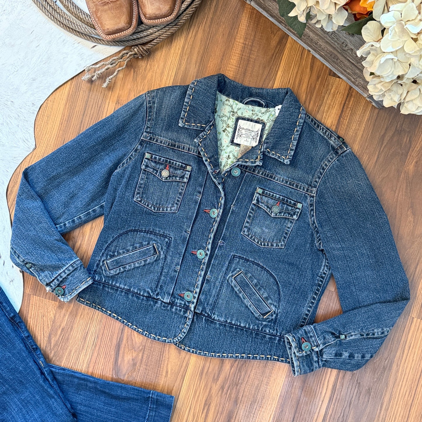 Vintage Western Turquoise Buttons Lined Women's Denim Jacket (Large)