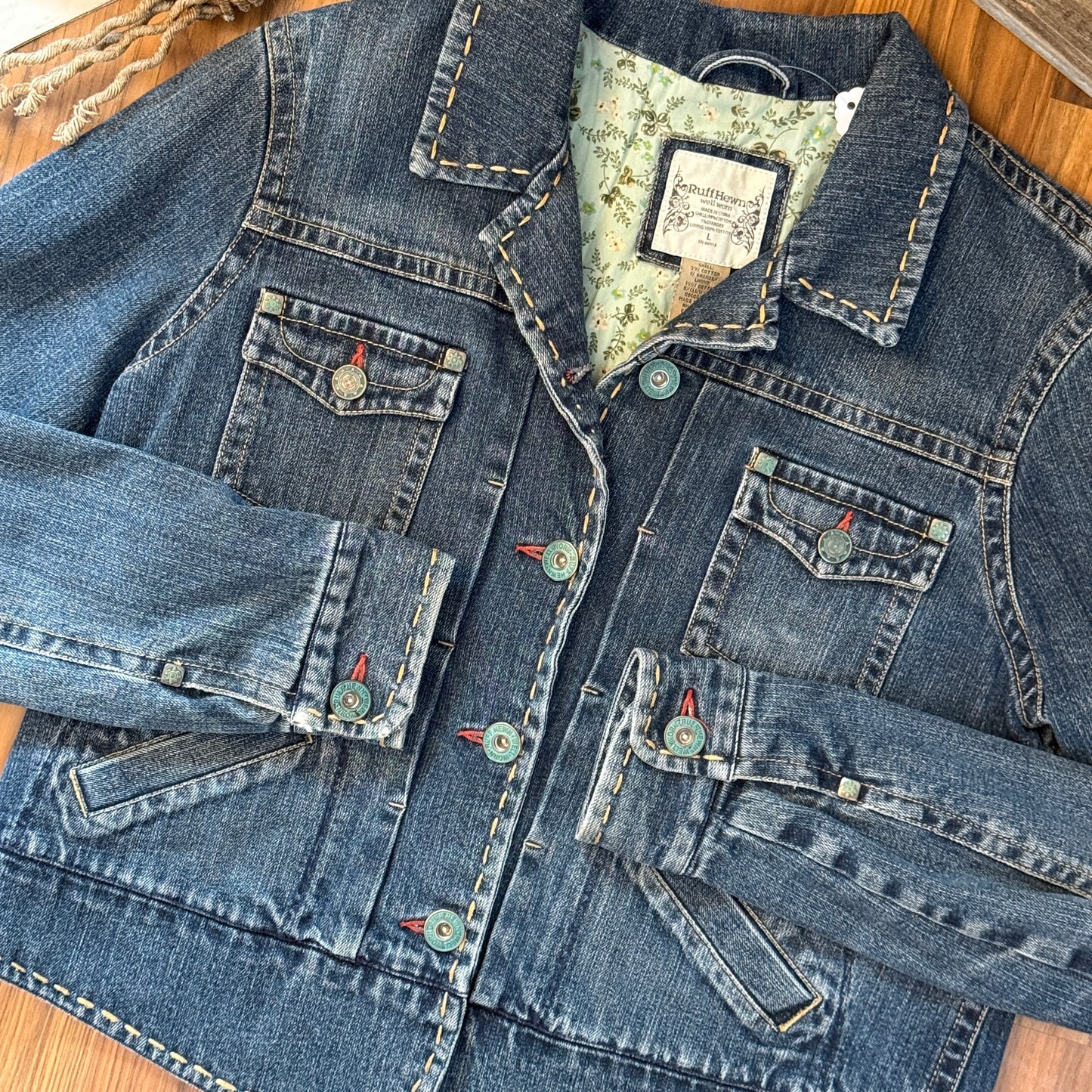 Vintage Western Turquoise Buttons Lined Women's Denim Jacket (Large)