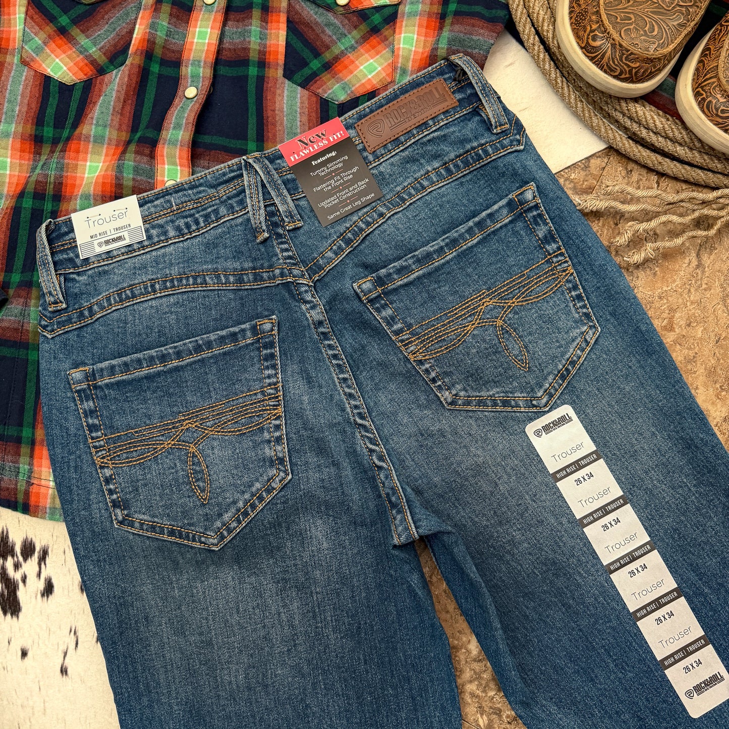 Rock & Roll Denim trousers back pocket detail boot stitching trouser jeans medium wash 26x34