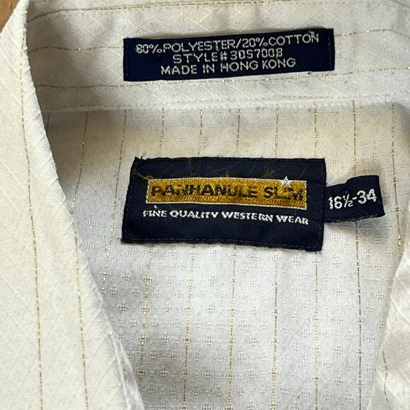 Panhandle Slim Vintage Men's White & Metallic Gold Stripe Pearl Snap Shirt (L)