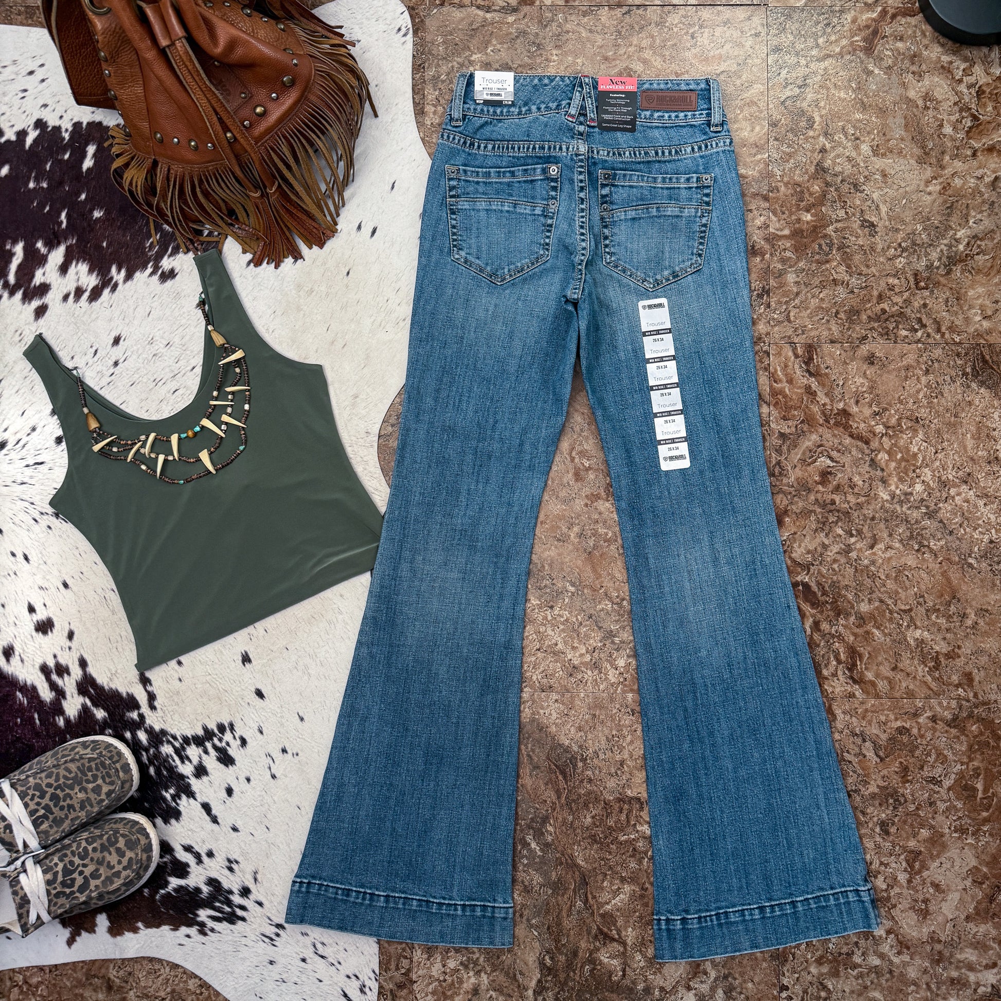 Rock & Roll Denim trouser jeans back view medium wash clean pocket design size 26x34