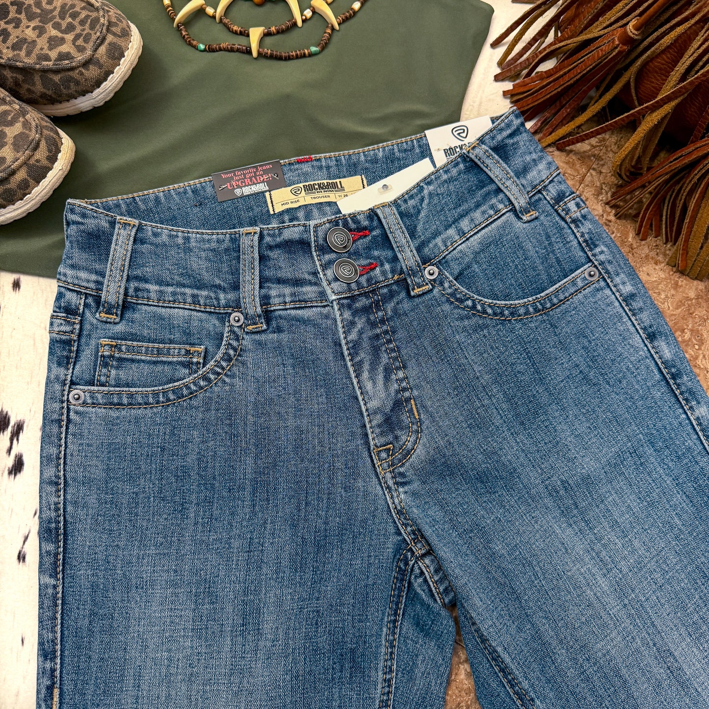 Rock & Roll Denim double button waistband detail mid rise trouser jeans medium wash