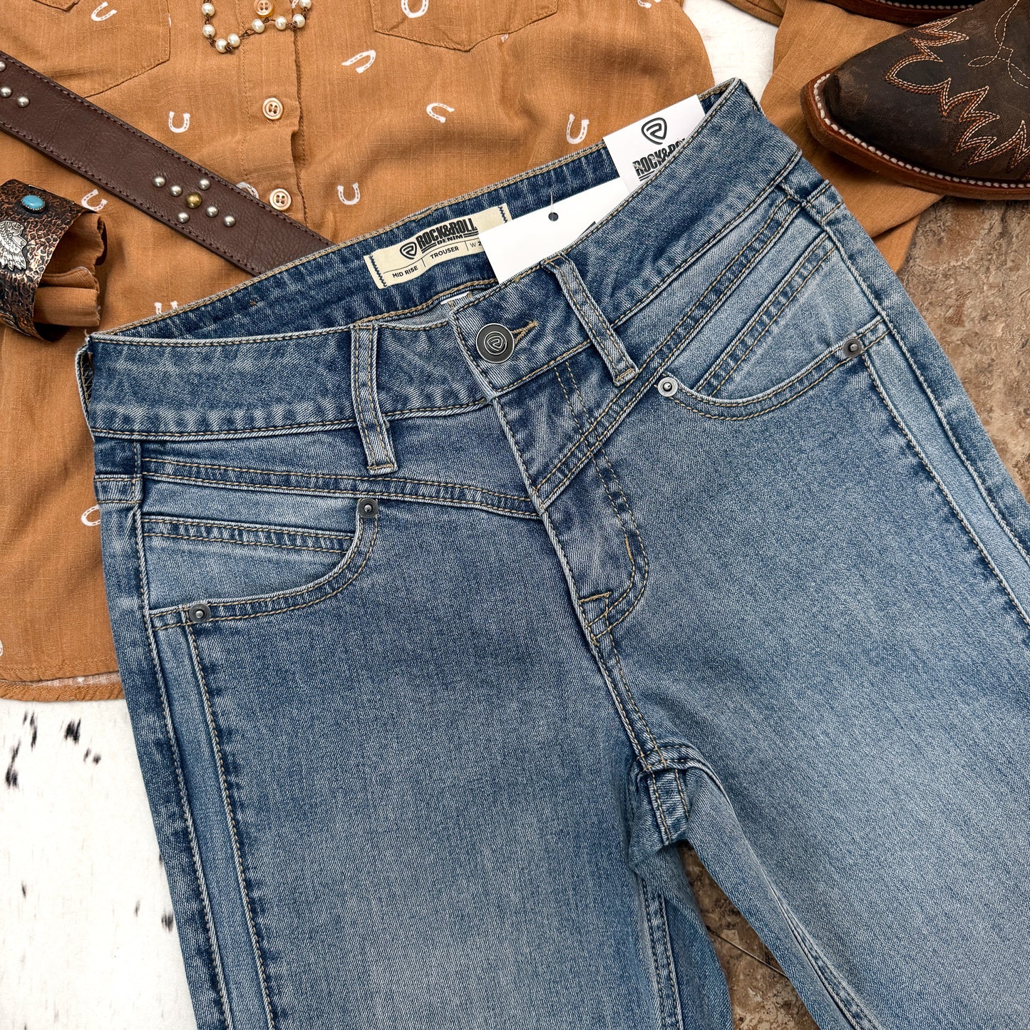 NEW Rock & Roll Denim Two-Tone Side Seem Mid Rise Trouser Jeans (26x34)