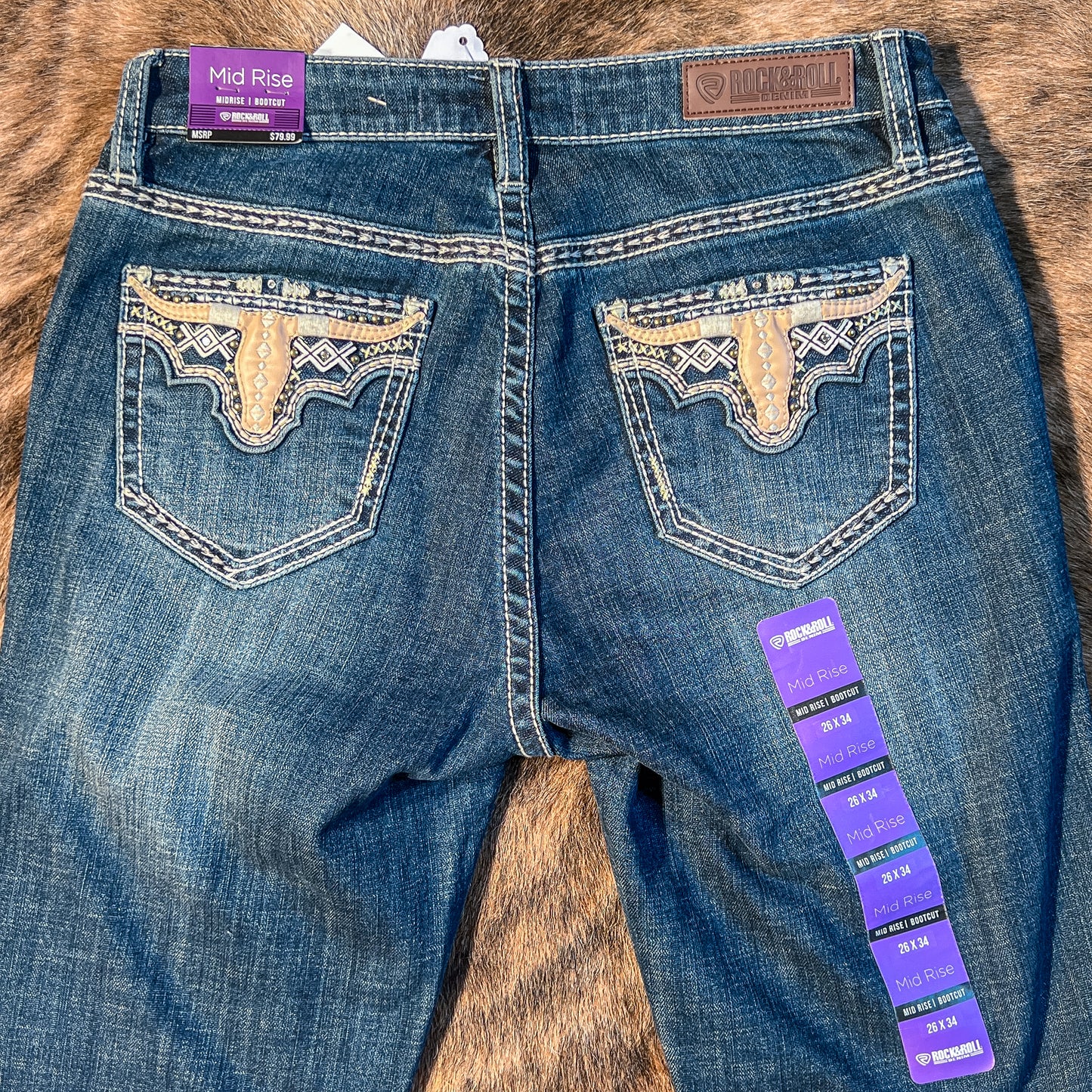 NEW Rock & Roll Denim Mid Rise Bootcut Longhorn Riding Jeans (26x34)