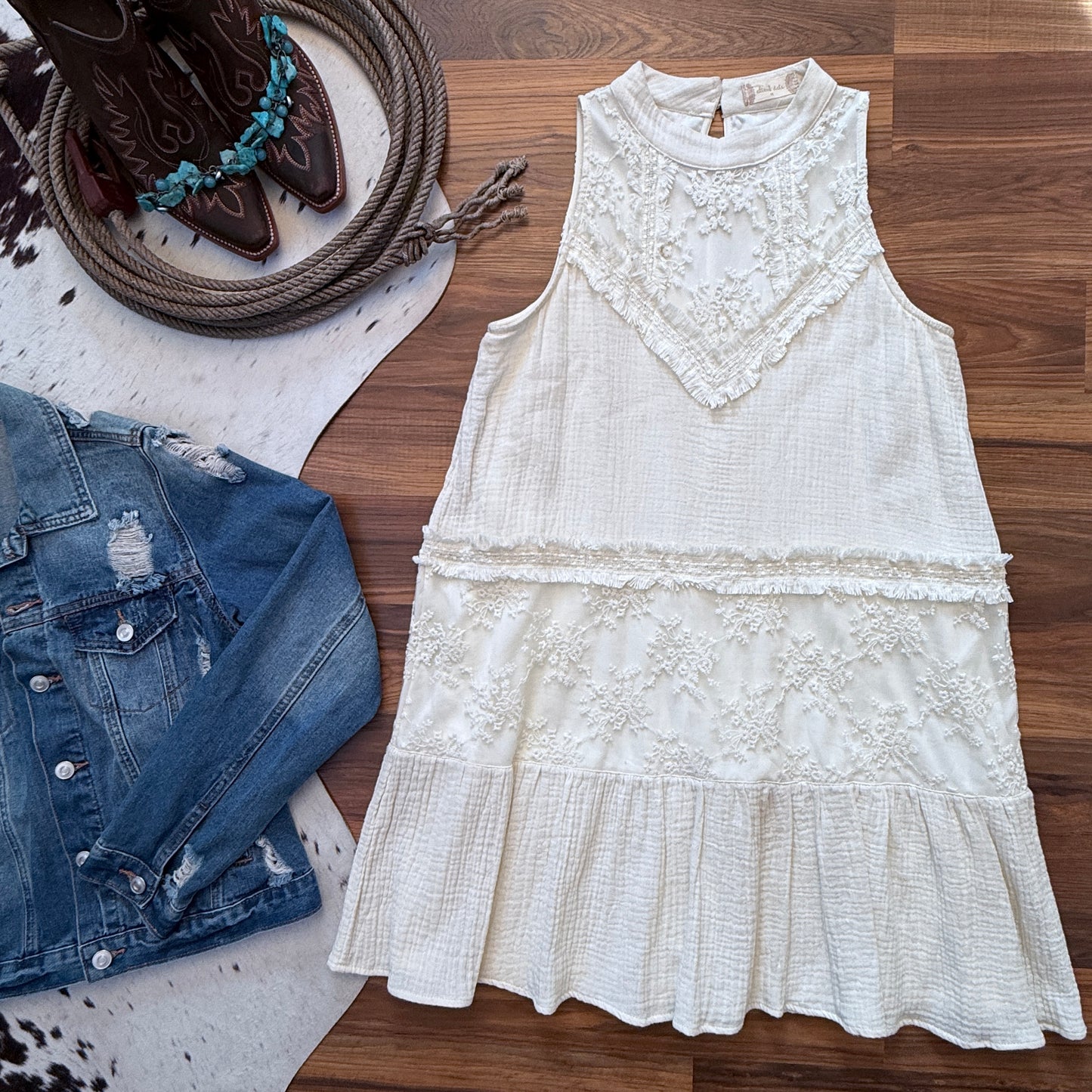 Lace Sleeveless Gauze Ruffle Hem Boho Halter Dress (M)