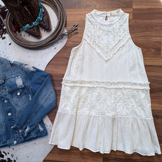 Lace Sleeveless Gauze Ruffle Hem Boho Halter Dress (M)