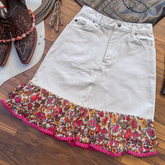 Denim Skirt with Floral Mini Pom Pom Ruffle Hem – XS