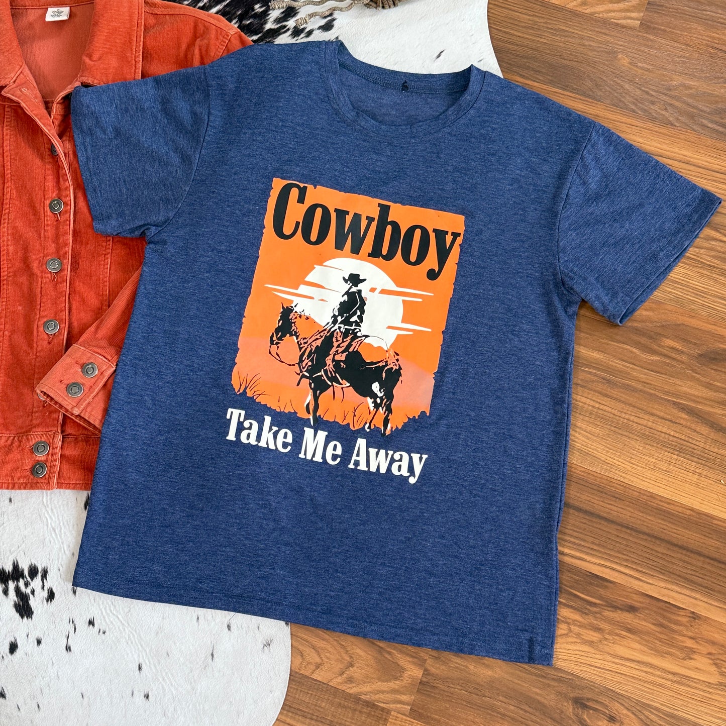 Cowboy Take Me Away Short Sleeve Western Graphic Tee Shirt (Medium)
