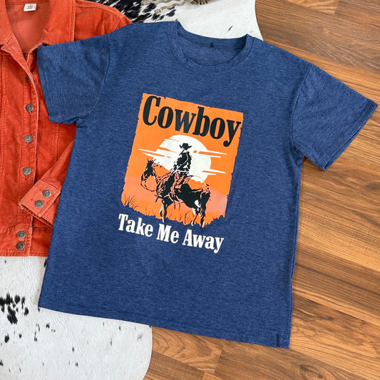 Cowboy Take Me Away Short Sleeve Western Graphic Tee Shirt (Medium)