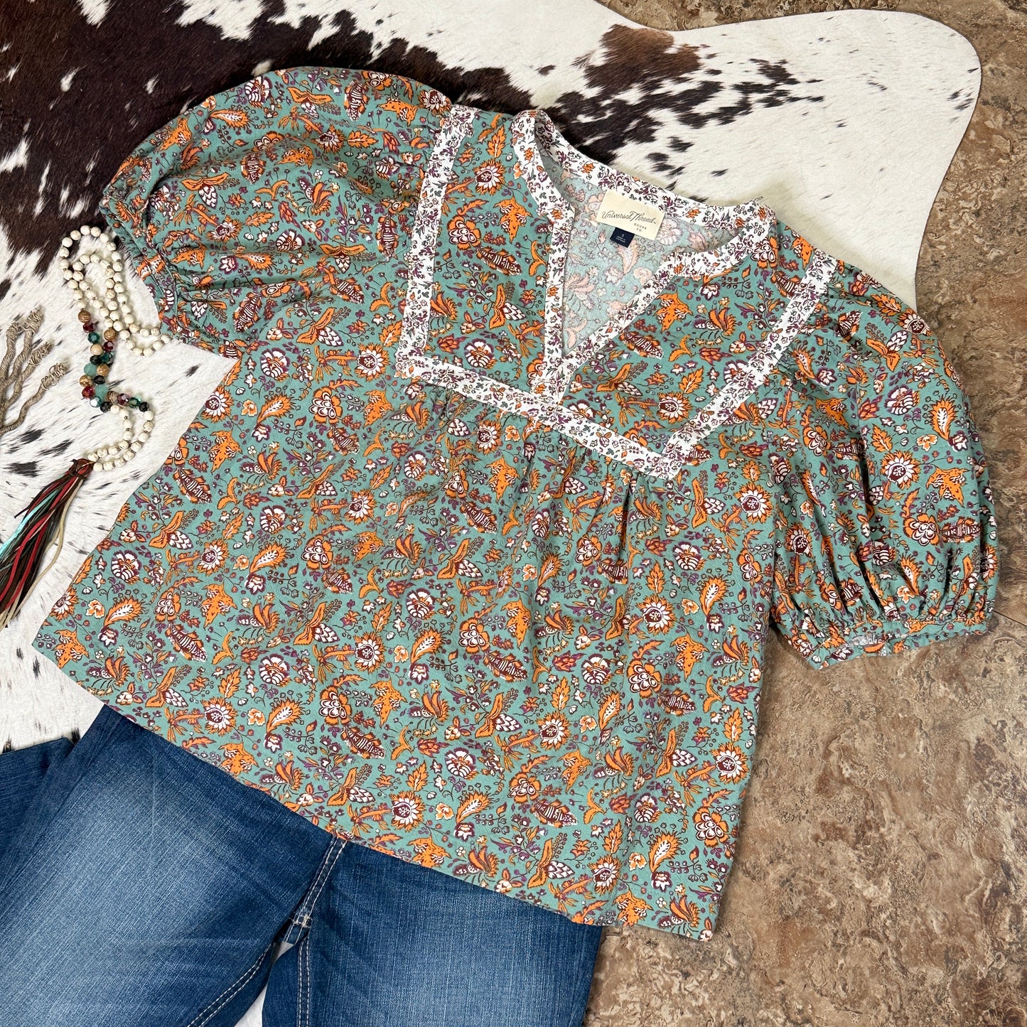 Puff Sleeve Floral Peasant Cotton Linen Top (Small)