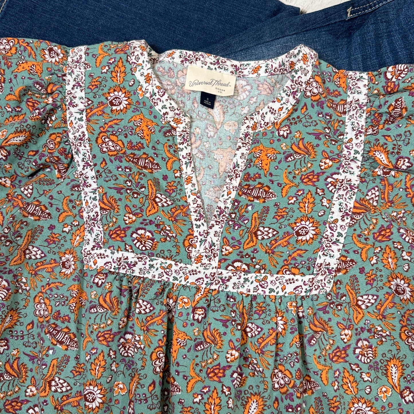 Puff Sleeve Floral Peasant Cotton Linen Top (Small)