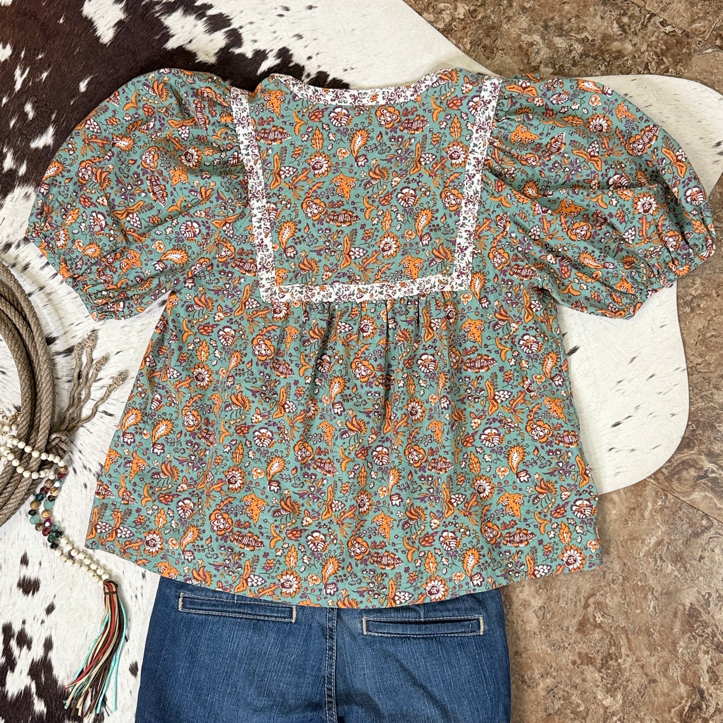 Puff Sleeve Floral Peasant Cotton Linen Top (Small)