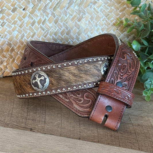 Vintage 90's 3D Hair-On Cowhide Hand-Tooled Genuine Leather Cross Concho Western Belt Men's 34"