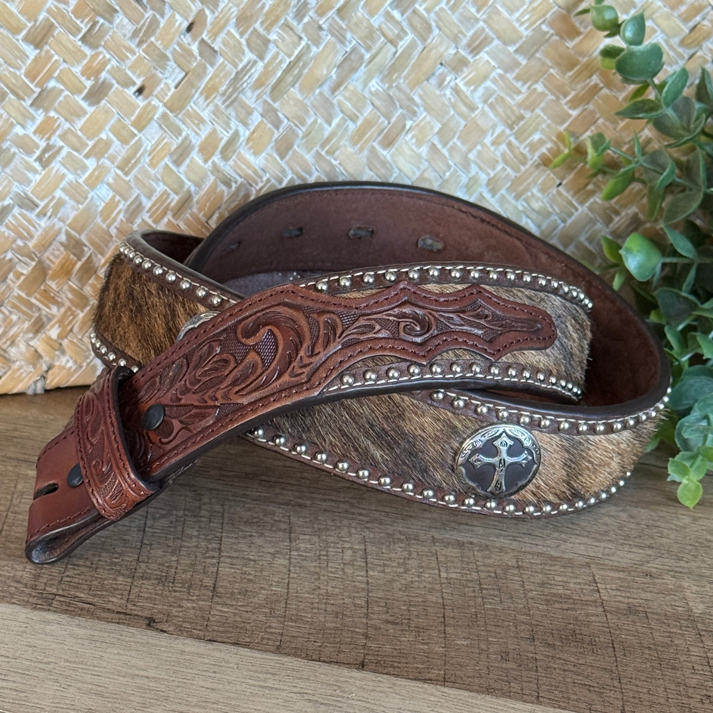 Vintage 90's 3D Hair-On Cowhide Hand-Tooled Genuine Leather Cross Concho Western Belt Men's 34"