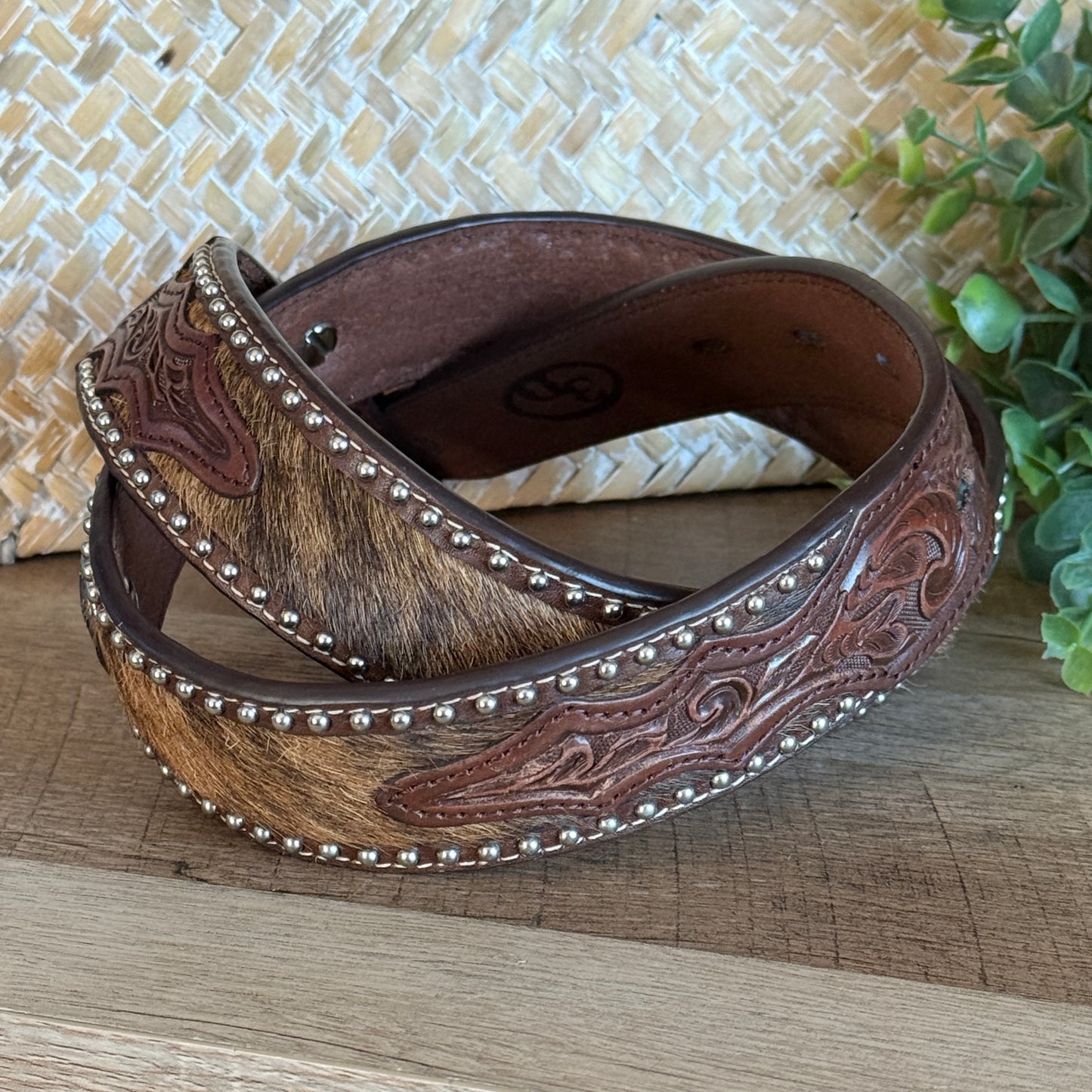Vintage 90's 3D Hair-On Cowhide Hand-Tooled Genuine Leather Cross Concho Western Belt Men's 34"