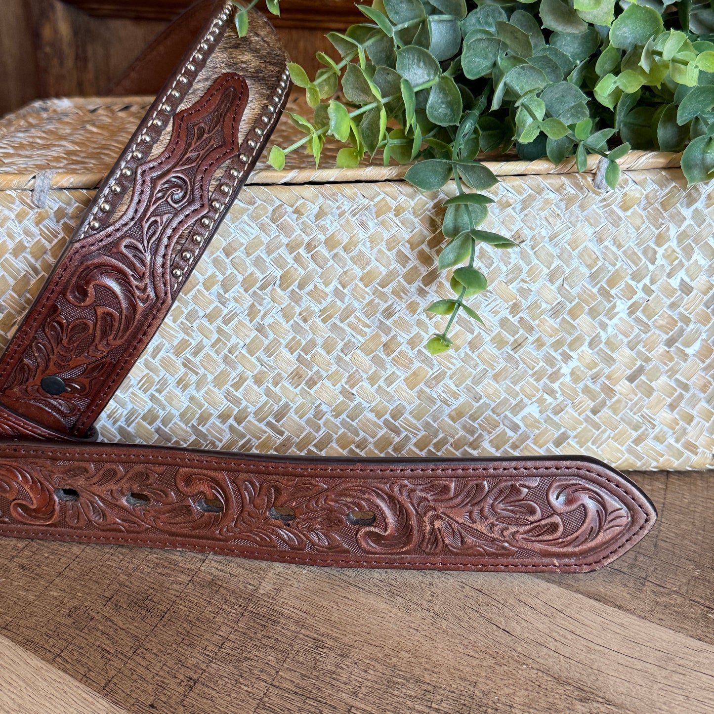 Vintage 90's 3D Hair-On Cowhide Hand-Tooled Genuine Leather Cross Concho Western Belt Men's 34"