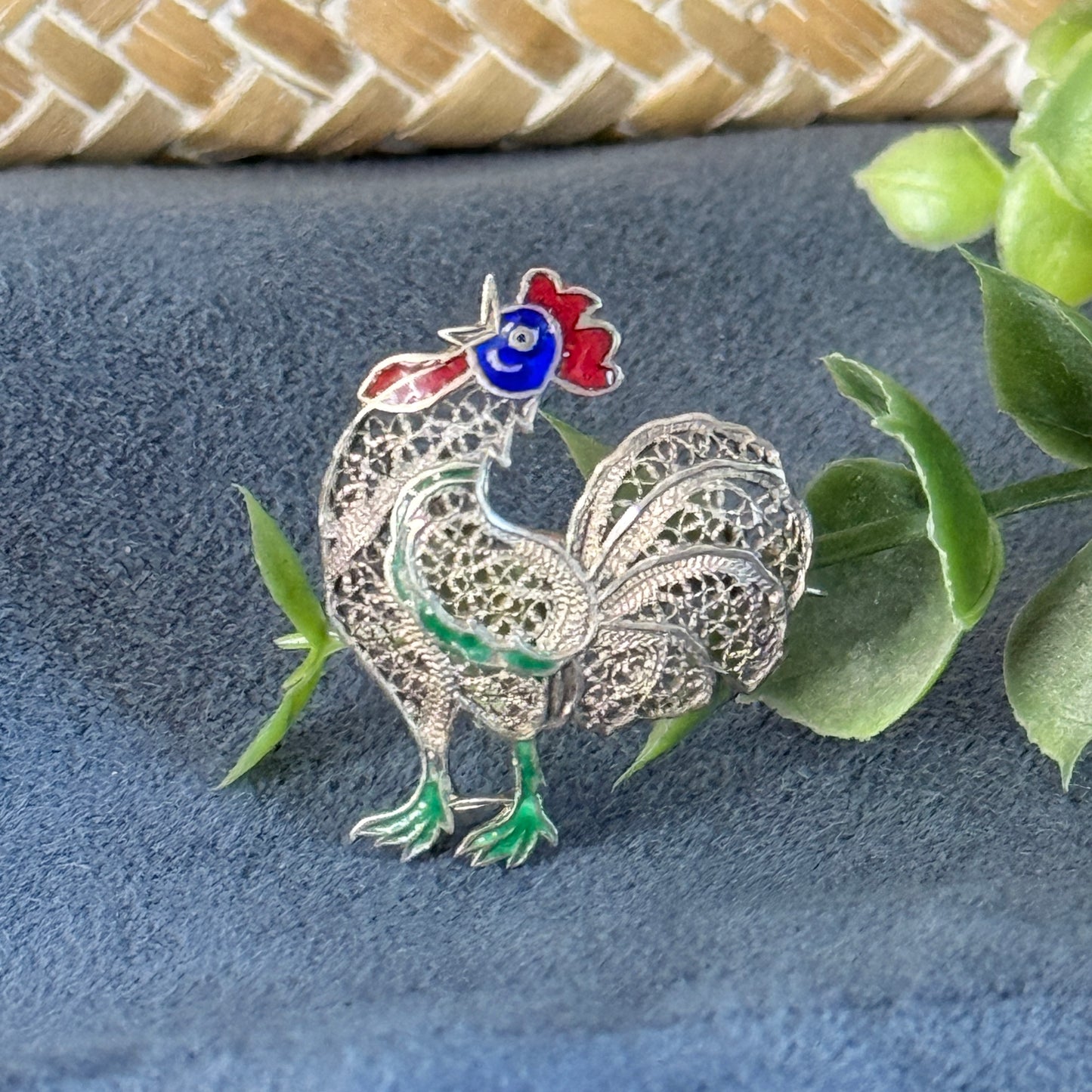 Vintage Sterling Filigree Enamel Rooster Pin Brooch