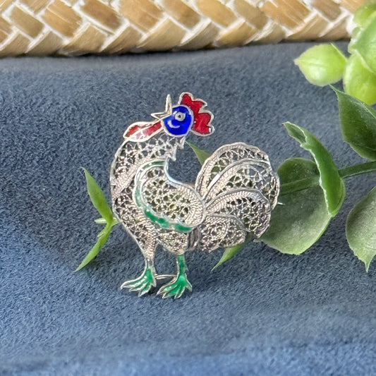Vintage Sterling Filigree Enamel Rooster Pin Brooch