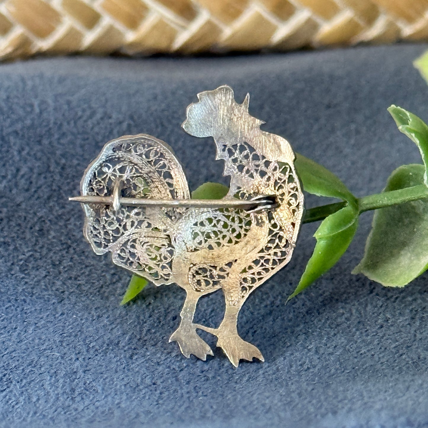 Vintage Sterling Filigree Enamel Rooster Pin Brooch