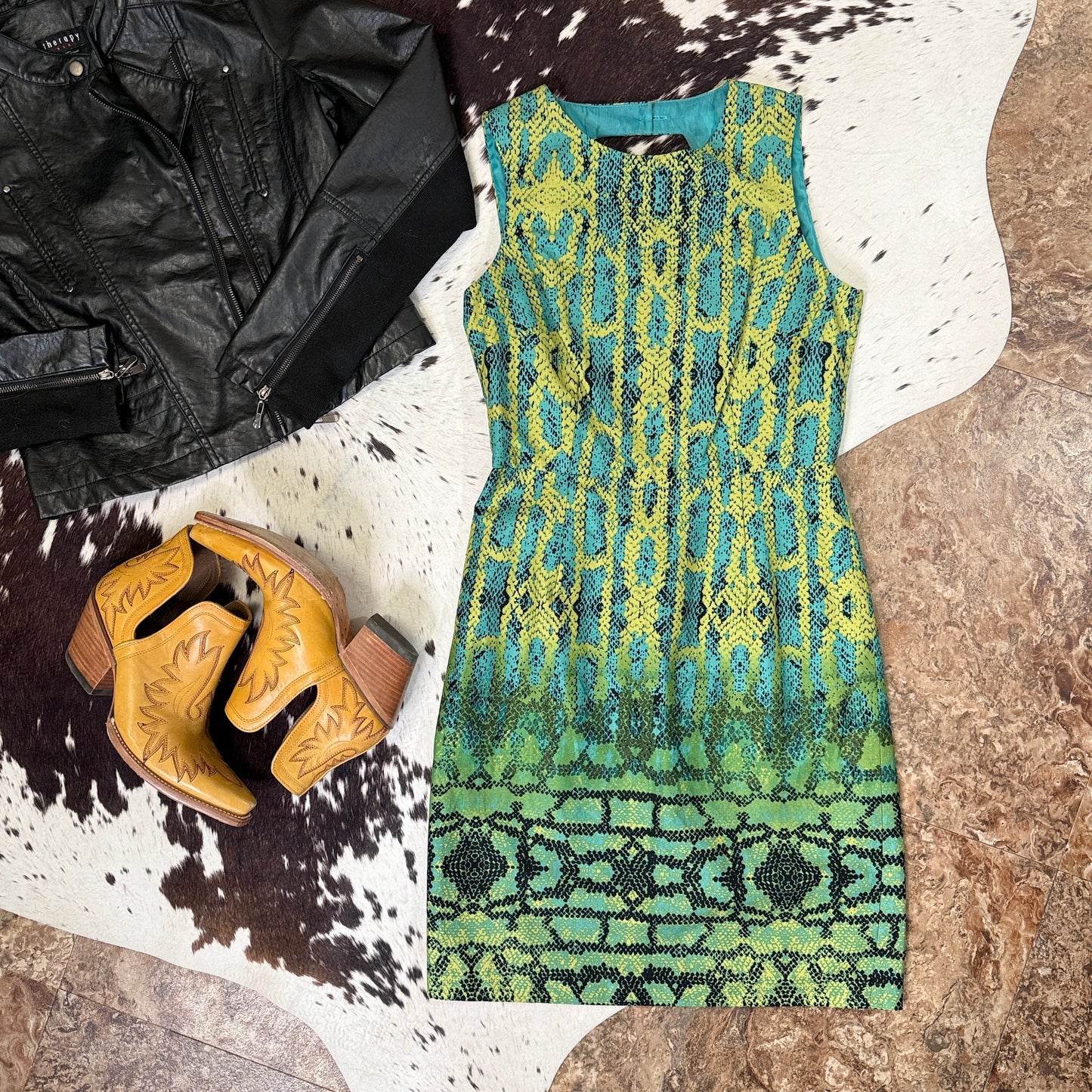 Snakeskin Print Cutout Back Sheath Sleeveless Dress (Size 6)