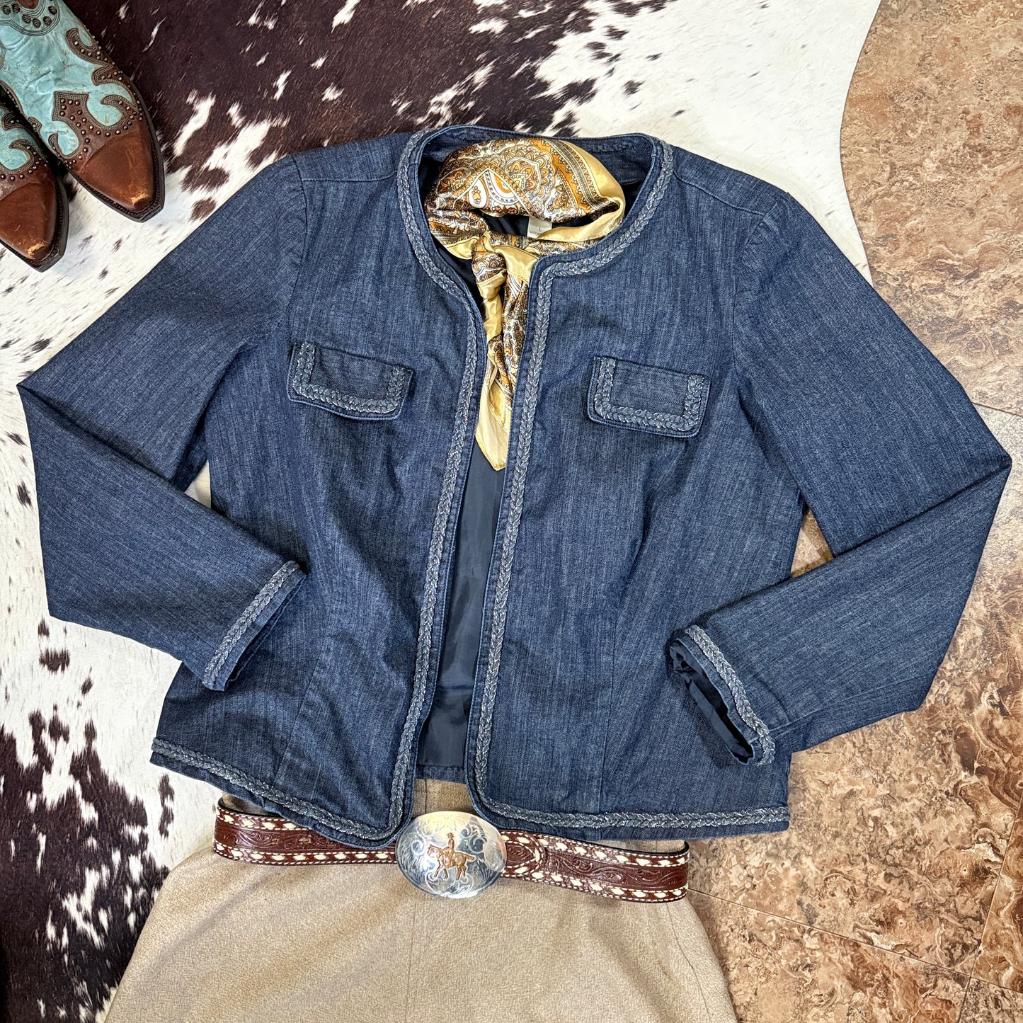 Open Front Denim Jacket Braided Silver Thread Trim (Large)