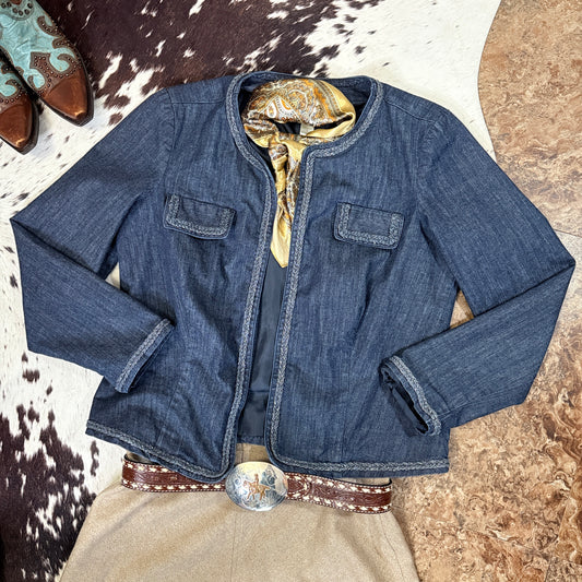 Open Front Denim Jacket Braided Silver Thread Trim (Large)