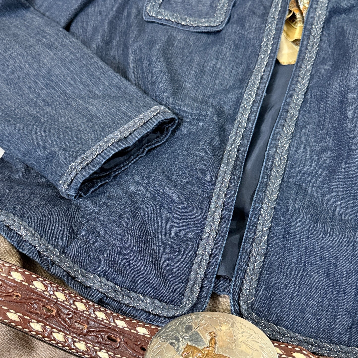 Open Front Denim Jacket Braided Silver Thread Trim (Large)