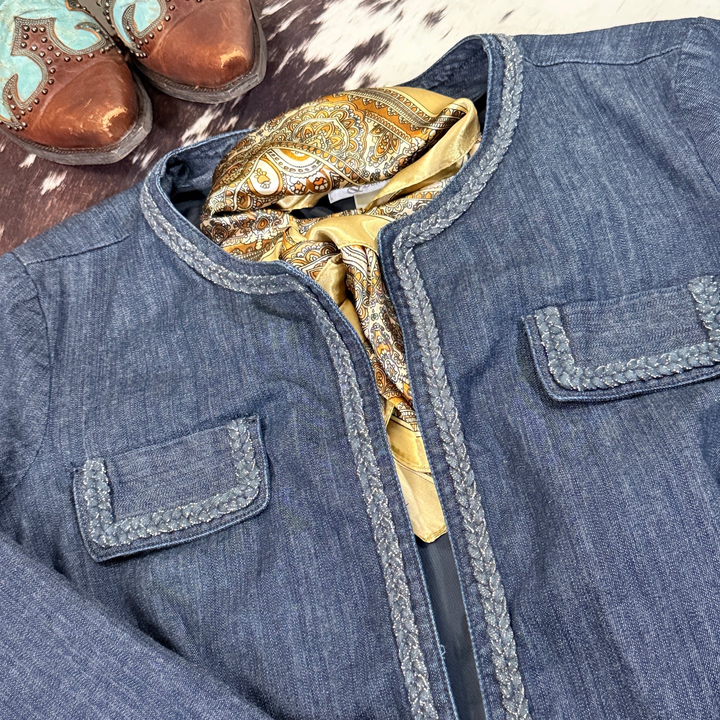 Open Front Denim Jacket Braided Silver Thread Trim (Large)