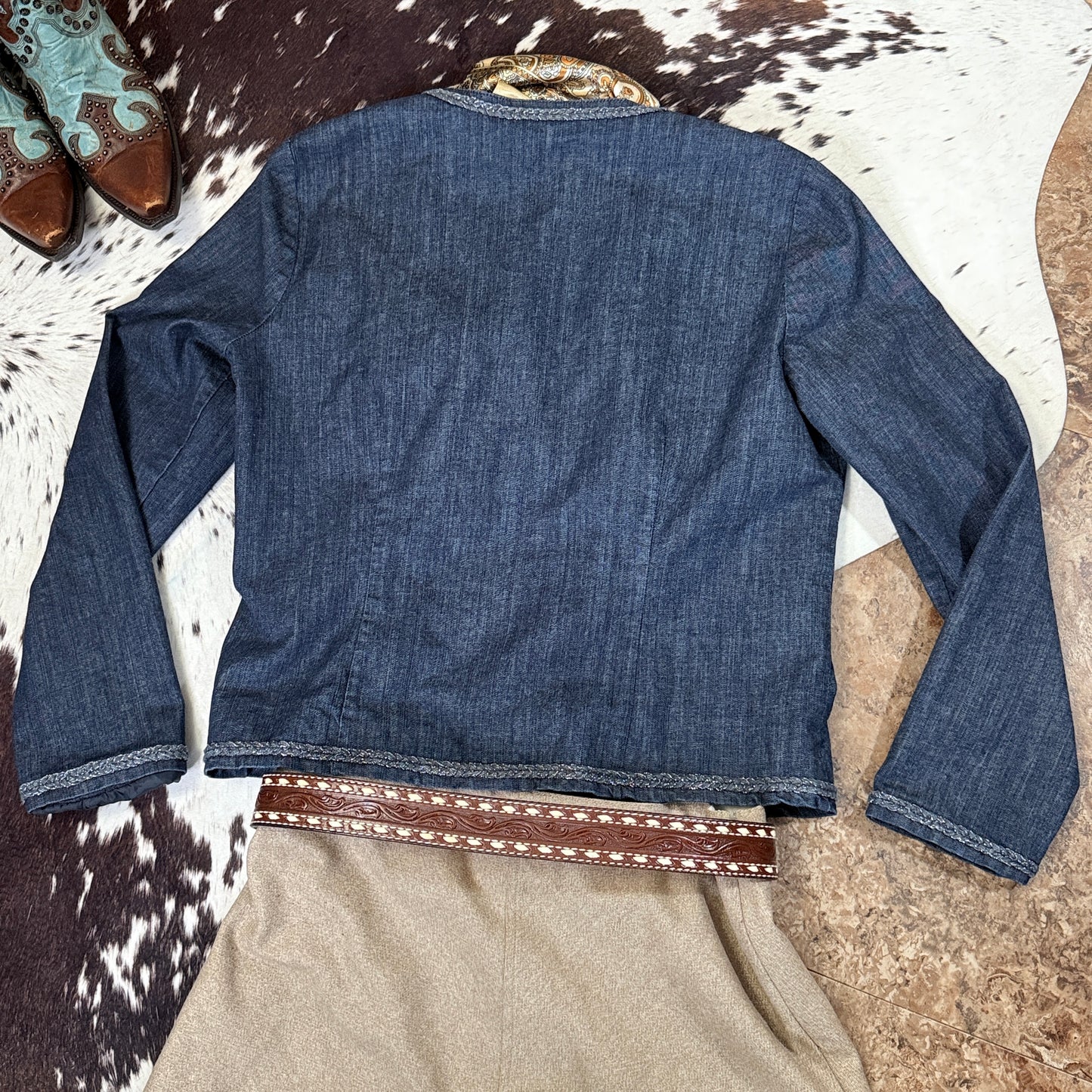 Open Front Denim Jacket Braided Silver Thread Trim (Large)