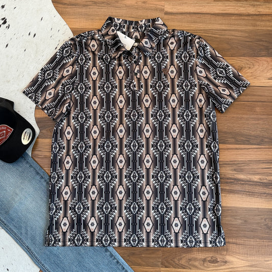 NEW Rock & Roll Denim Southwestern Print Polo – Black & Brown (L)