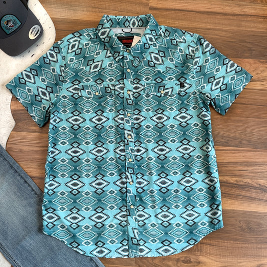 NEW Rock & Roll Denim Tek Western Turquoise Aztec Pearl Snap Shirt (L)