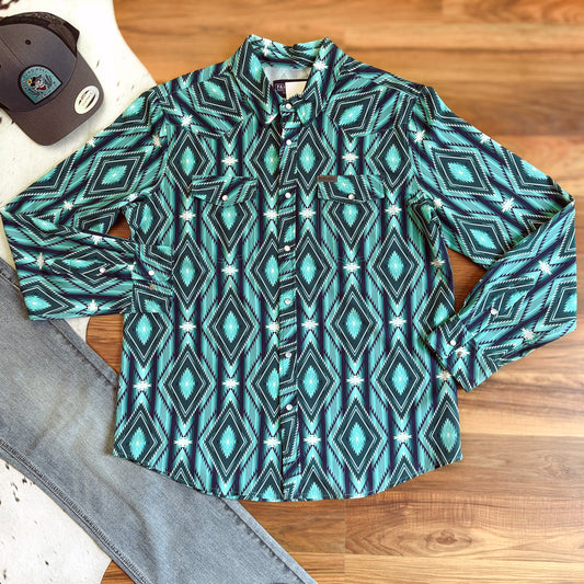 NEW Panhandle Slim Turquoise Aztec Performance Pearl Snap Shirt (L)