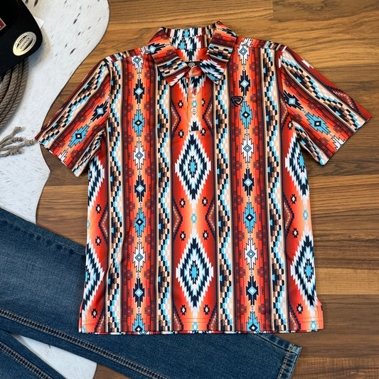 NEW Rock & Roll Denim Boys Orange Aztec Print Western Polo (M)