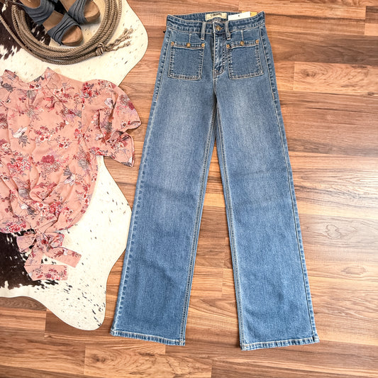 NEW Rock & Roll Denim High Rise Relaxed Flare Jeans – Patch Front Pockets (26x34)