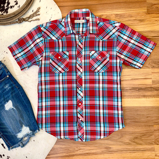 Roper Women’s Short Sleeve Pearl Snap Plaid Shirt – XL