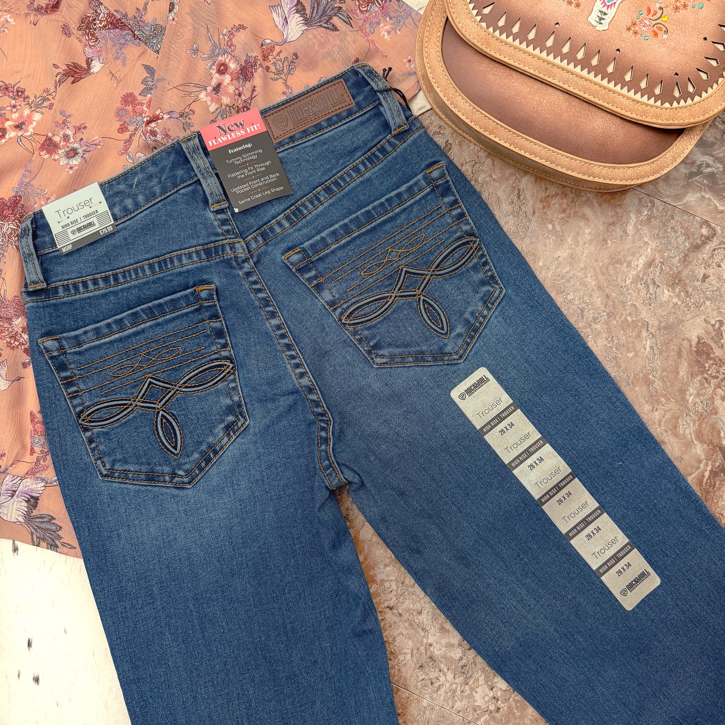 NEW Rock & Roll Denim high rise trouser jeans raised boot stitch back pocket detail women’s 26x34