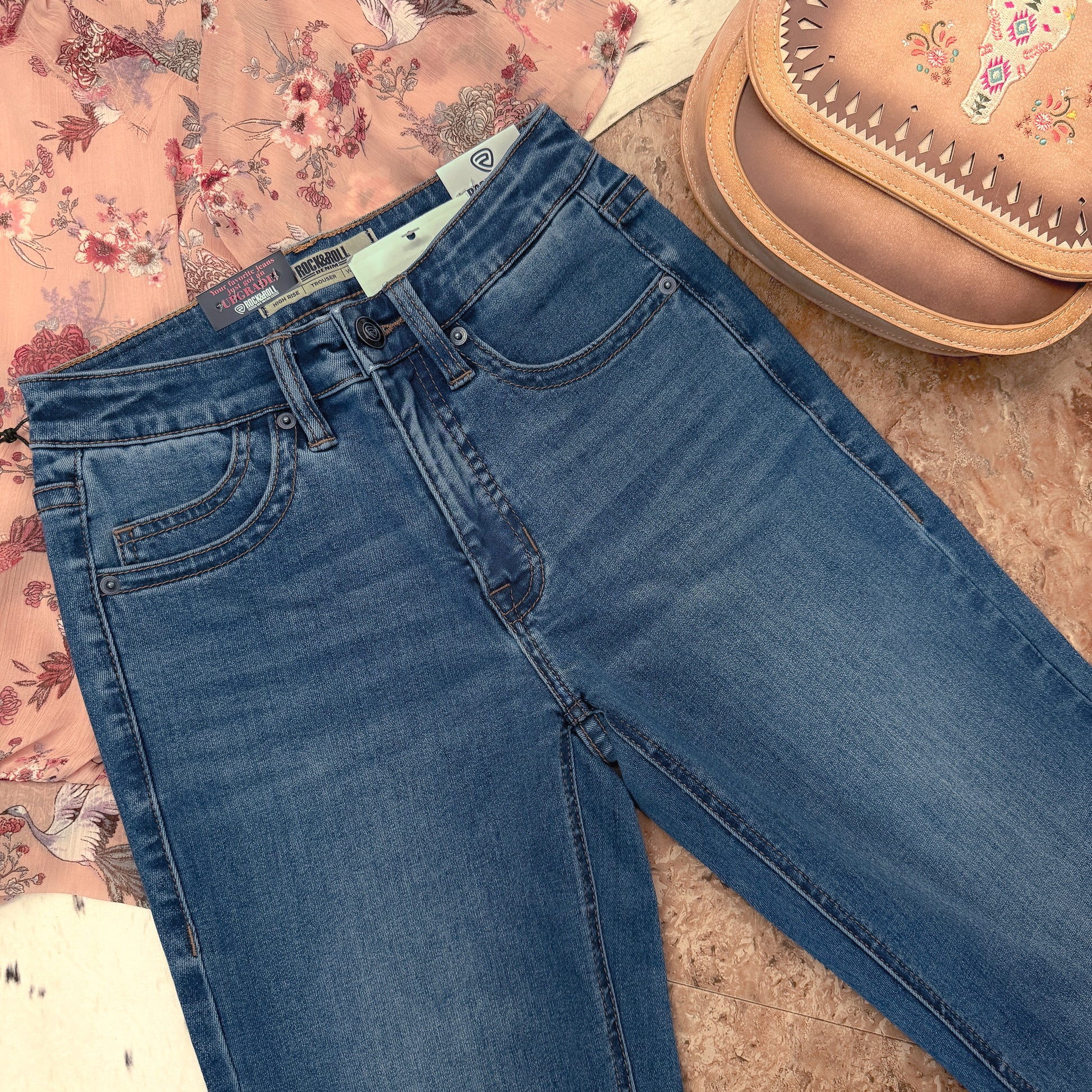 NEW Rock & Roll Denim high rise trouser jeans front pocket detail medium wash women’s 26x34