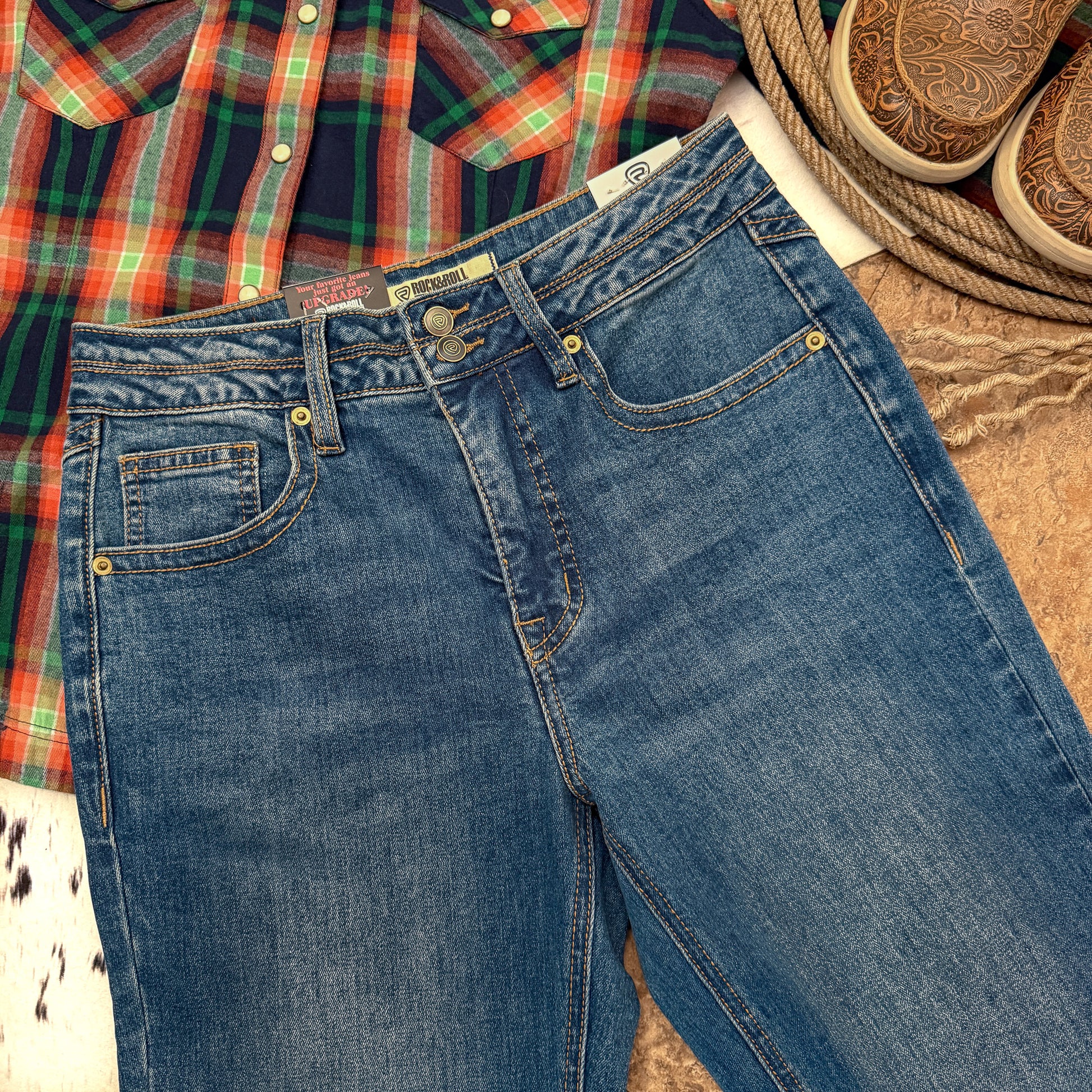 Rock & Roll Denim double waistband and pockets front detail high rise trouser jeans